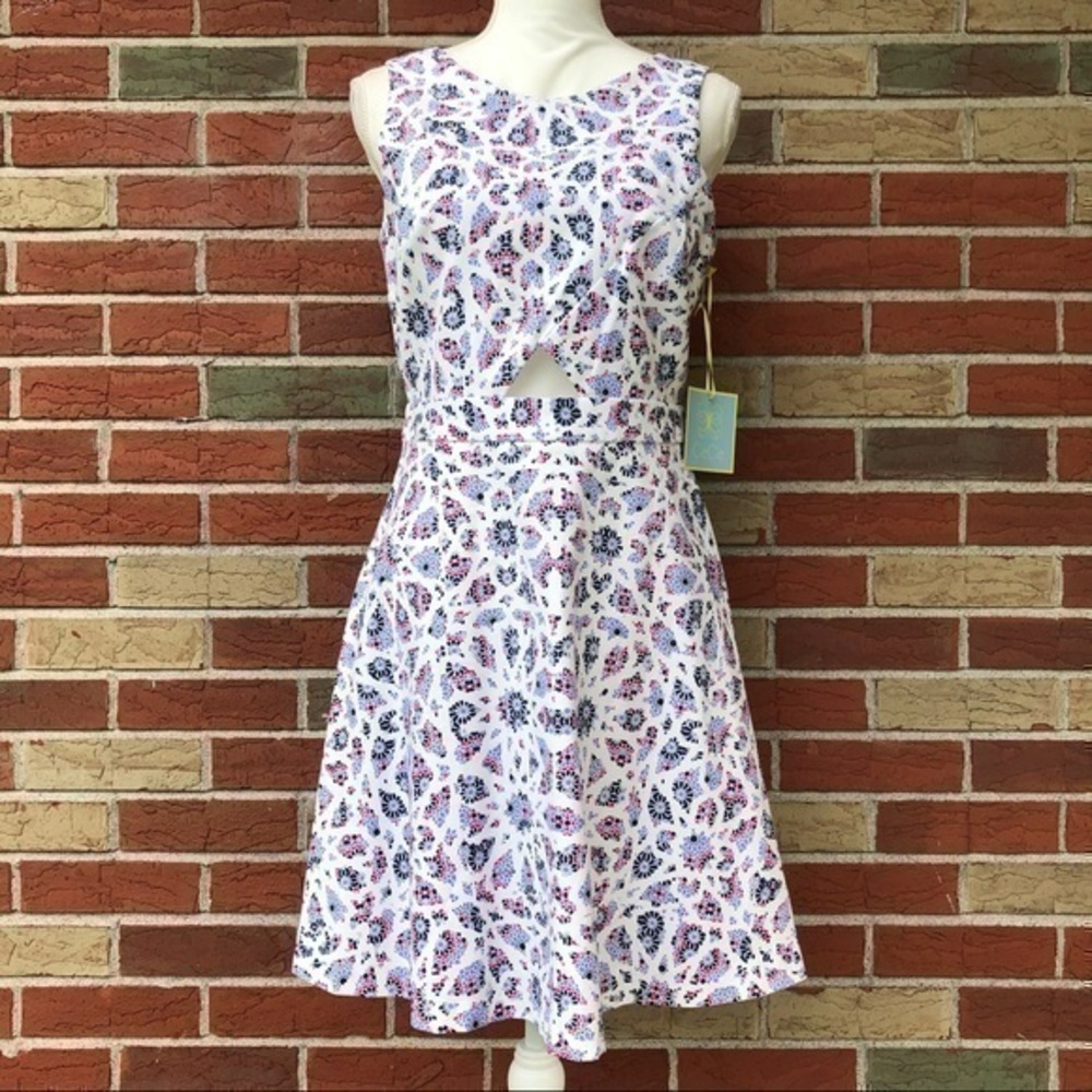 CeCe Mosaic NWT Cutout White Blue Fit & Flare Dress 👗